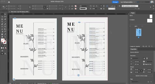Atelier créatif InDesign Initiation — menu de café, typographie et blocs de texte